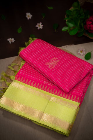 Mandir Rani Pink & Pista Green Kuppadam Checks And Buttis Saree