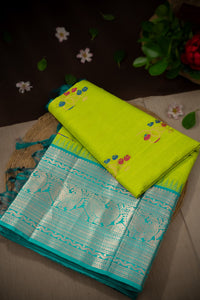 Mandir Lime Green & Teal Kuppadam Motifs Saree