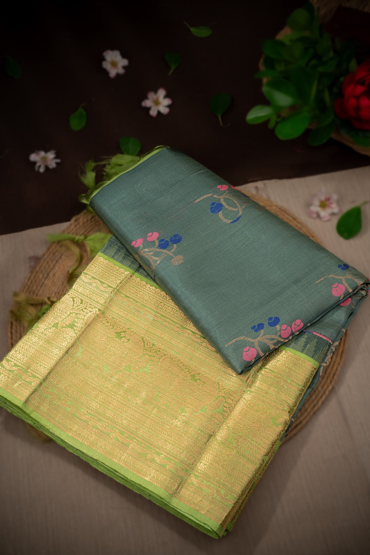 Mandir Green and Grey & Pista Green Kuppadam Motifs Saree