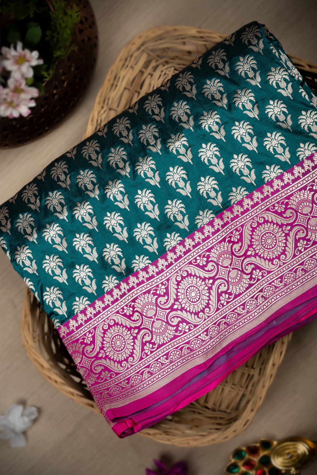 Varamahalakshmi Peacock Green & Pink Banarasi Buttis Saree