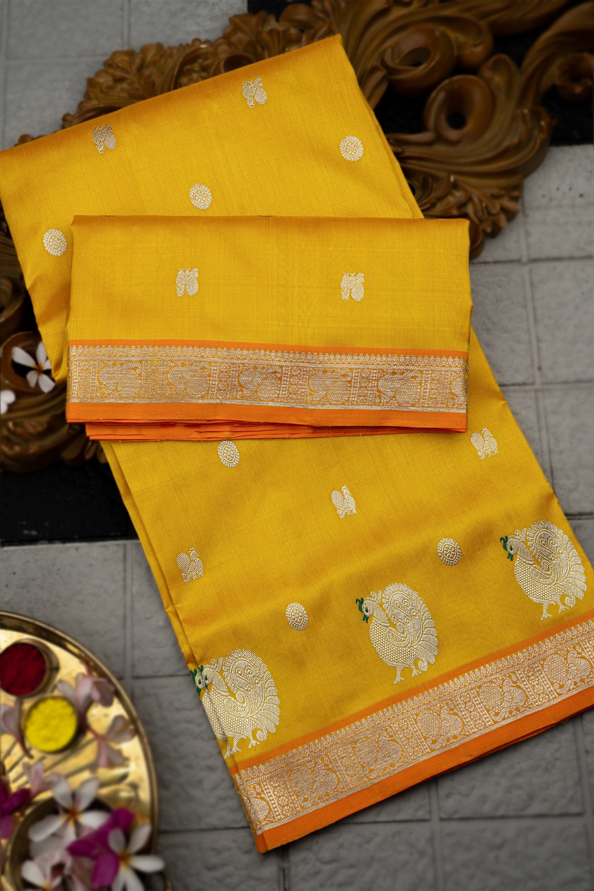 Varamahalakshmi Mustard & Orange Uppada Buttis Saree