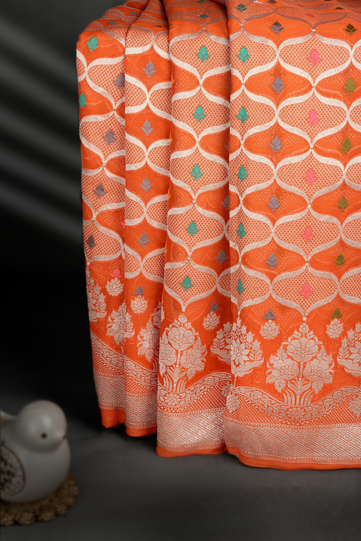 Mandir Orange & Silver Banarasi Brocade Saree