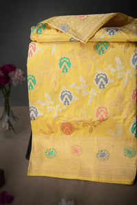 Mandir Lime Yellow & Gold Banarasi Jaal Saree