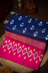 Mandir Navy Blue & Pink Ikat Ikat Saree