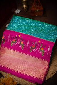 Mandir Teal Green & Pink Ikat Ikat Saree