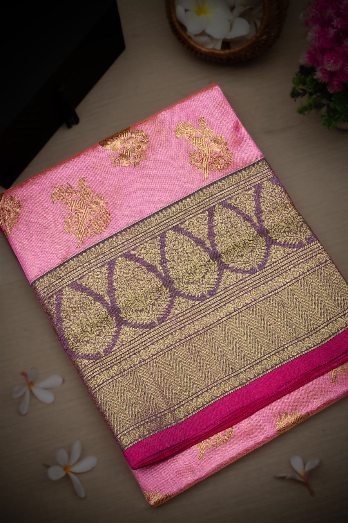 Mandir Light Pink & Light Green Venkatagiri Motifs Saree