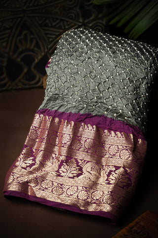 Varamahalakshmi Grey & Purple Bandhani Bandhani Saree