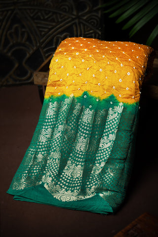 Varamahalakshmi Mustard & Rama Green Bandhani Bandhani Saree
