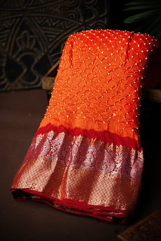 Varamahalakshmi Orange & Maroon Bandhani Bandhani Saree
