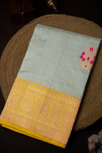 Mandir Light Grey & Yellow Banarasi Motifs Saree