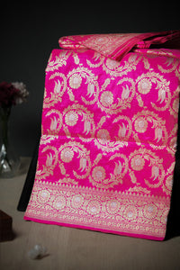 Mandir Pink & Gold Banarasi Floral Jaal Saree