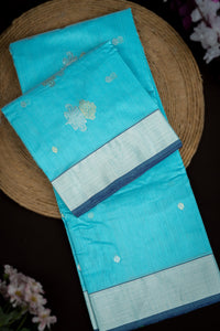 Mandir Sky Blue & Silver Chanderi Motifs Saree