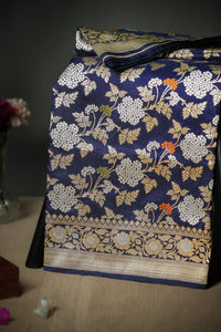 Mandir Navy Blue & Multi-Colour Banarasi Jaal Saree