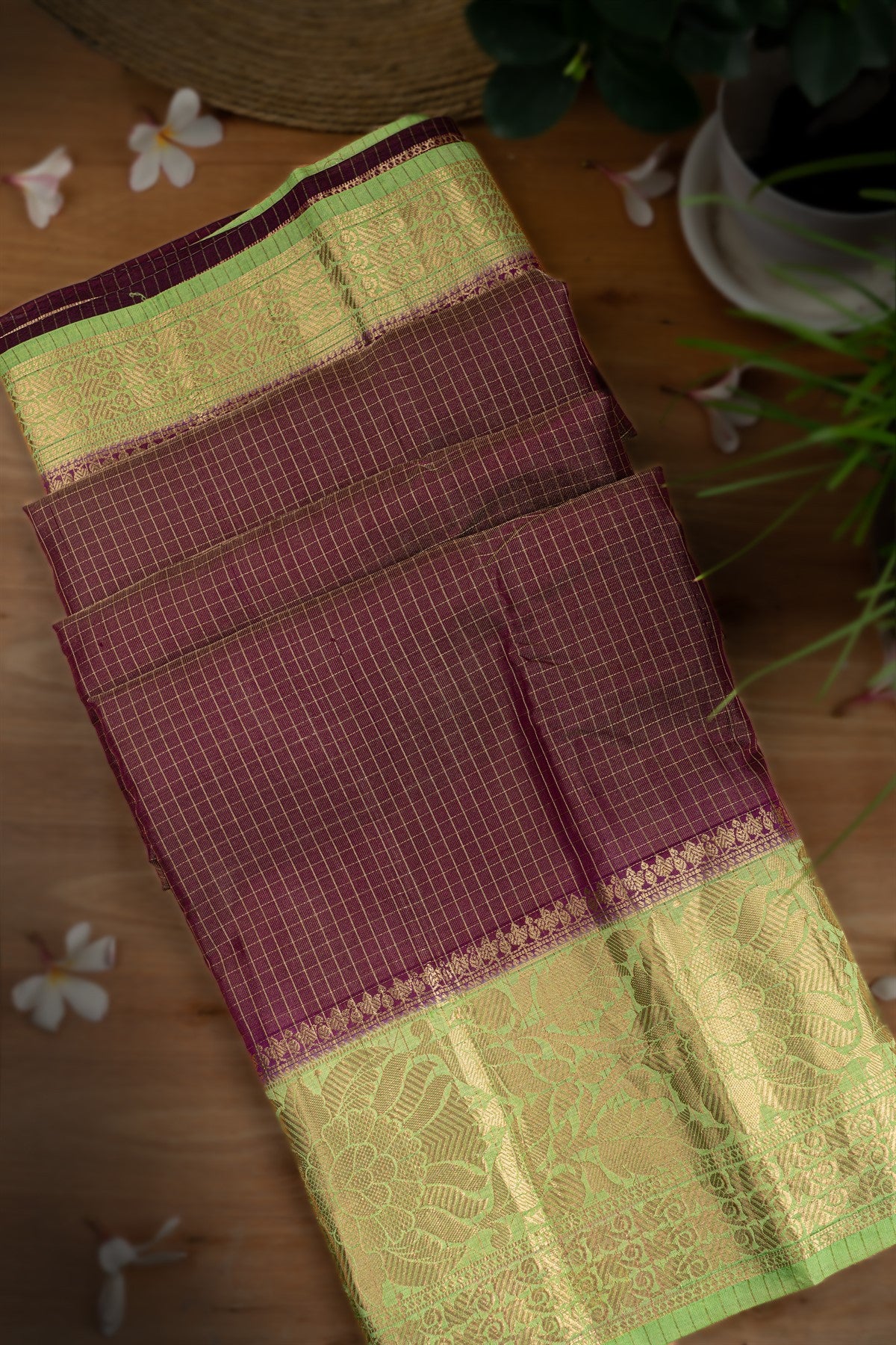 Mandir Purple & Pista Green Fancy Checks Saree