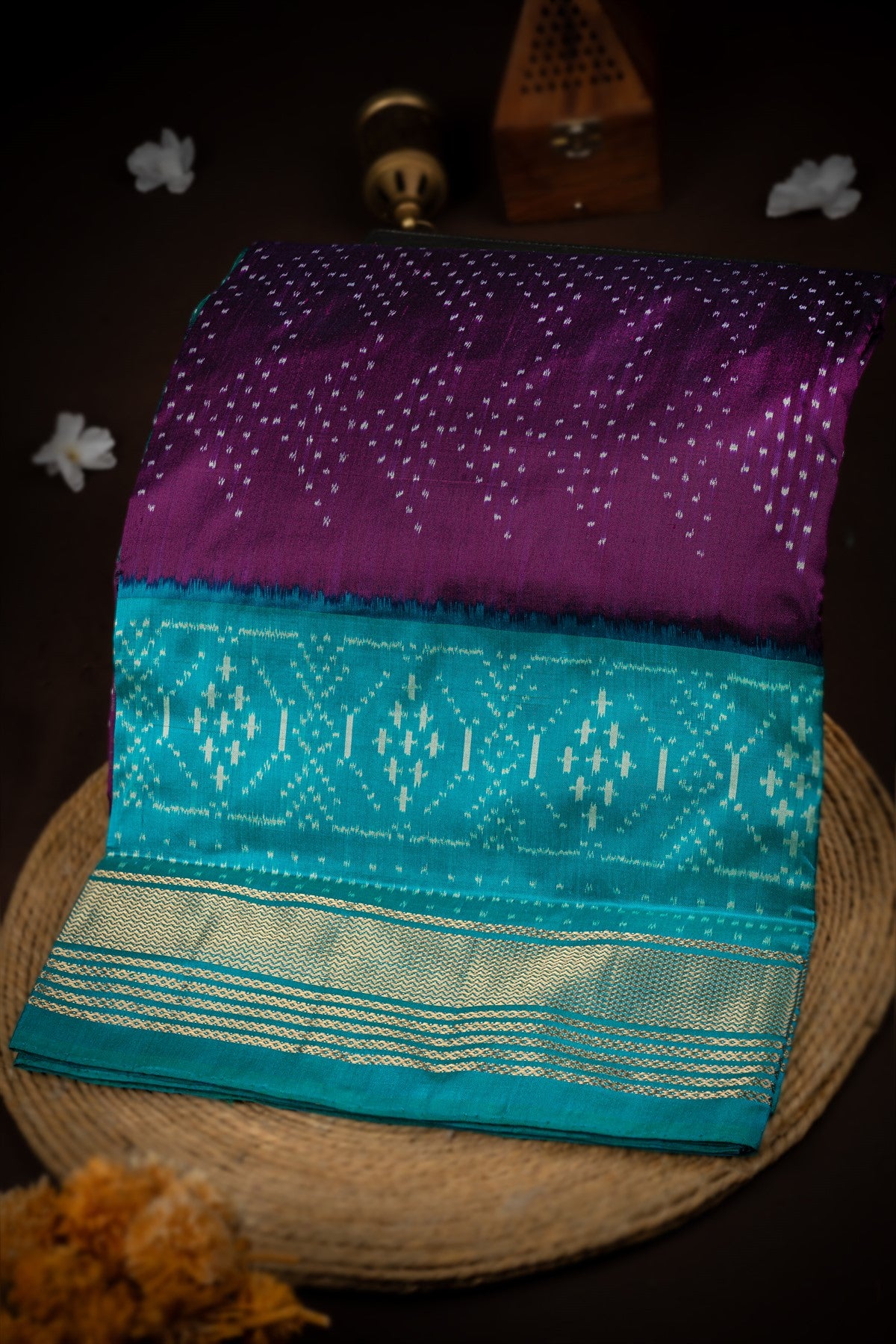 Mandir Purple & Teal Blue Kanchi Ikat Ikat Saree