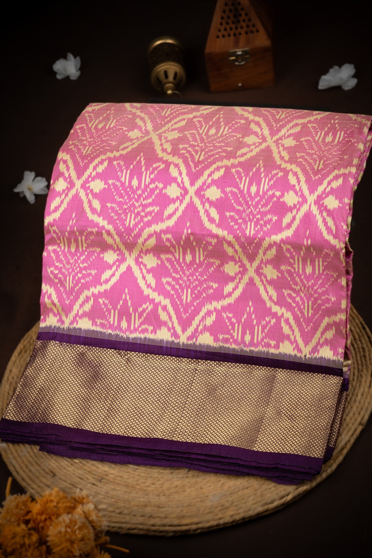 Mandir Bubblegum Pink & Purple Kanchi Ikat Ikat Saree