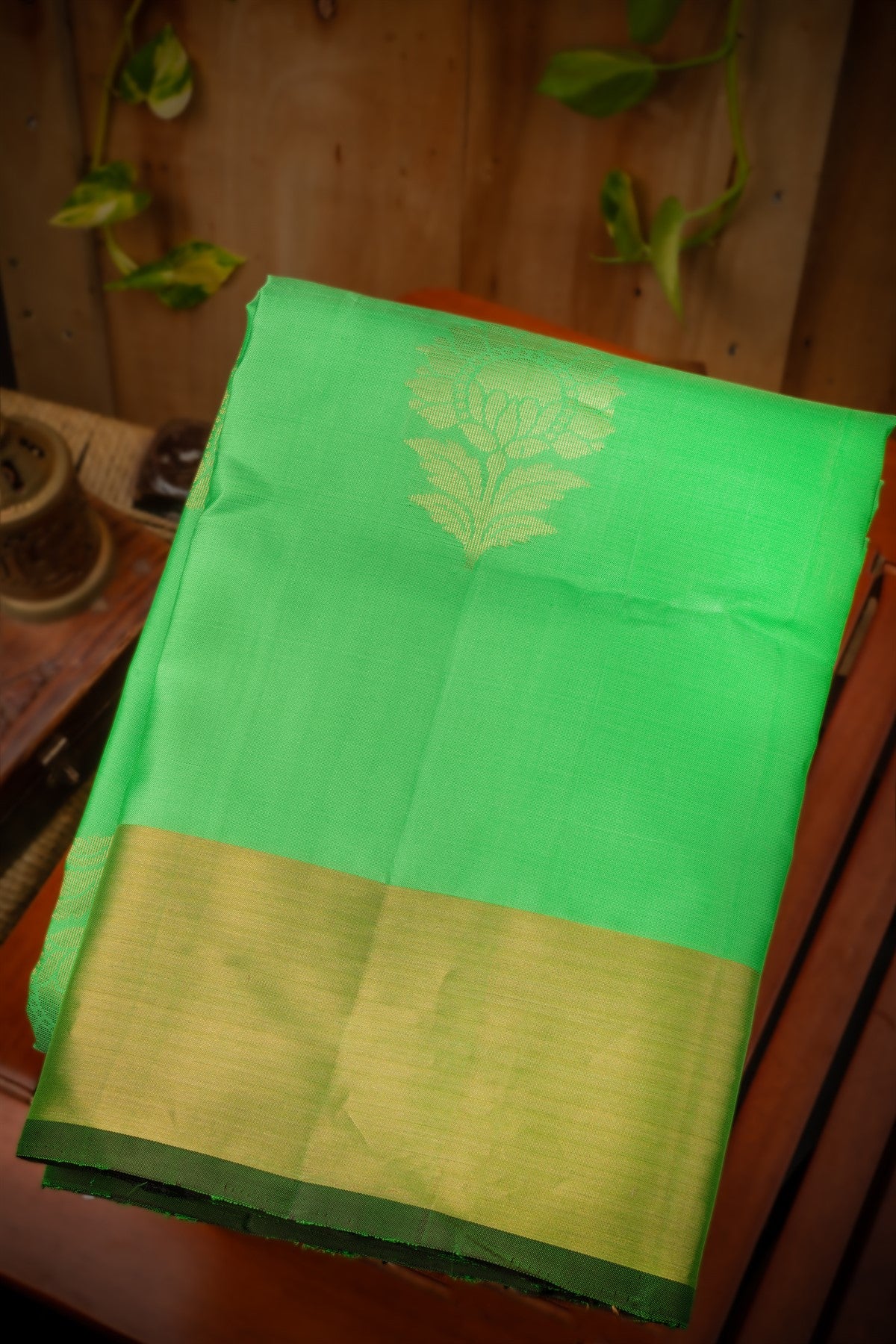 Mandir Parrot Green & Black Coimbatore Motifs Saree