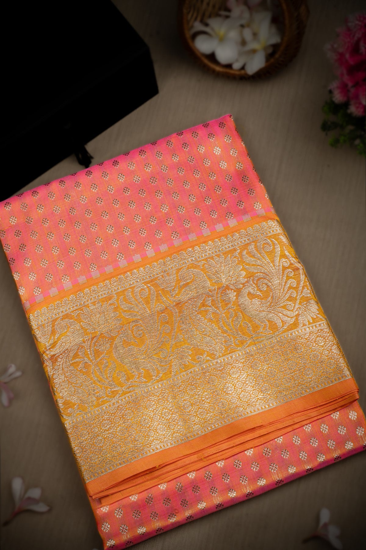 Mandir Pink & Coral Venkatagiri Buttis Saree