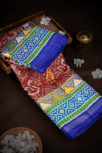 Mandir Brown & Royal Blue Patan Patola Ikat Saree