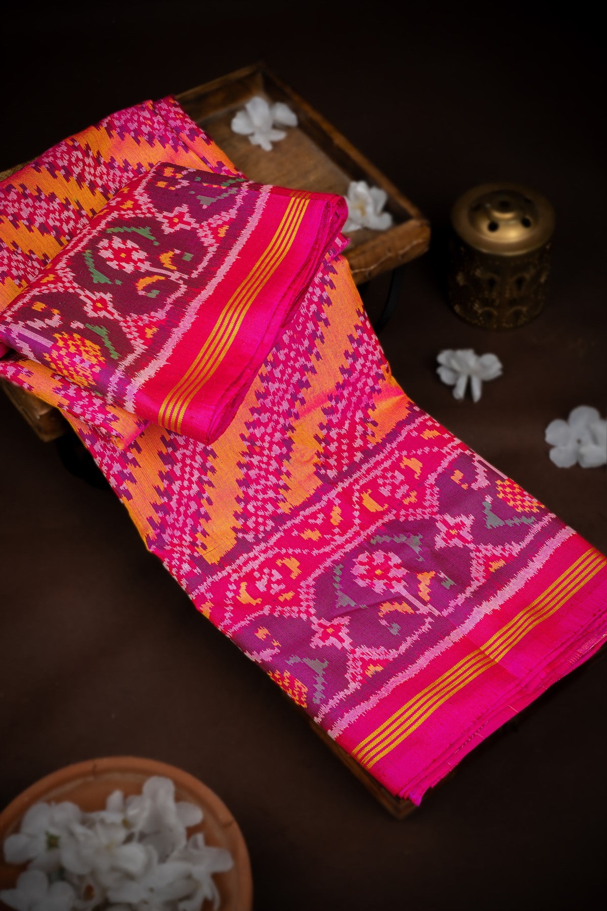 Mandir Multi-Colour & Pink Patan Patola Ikat Saree