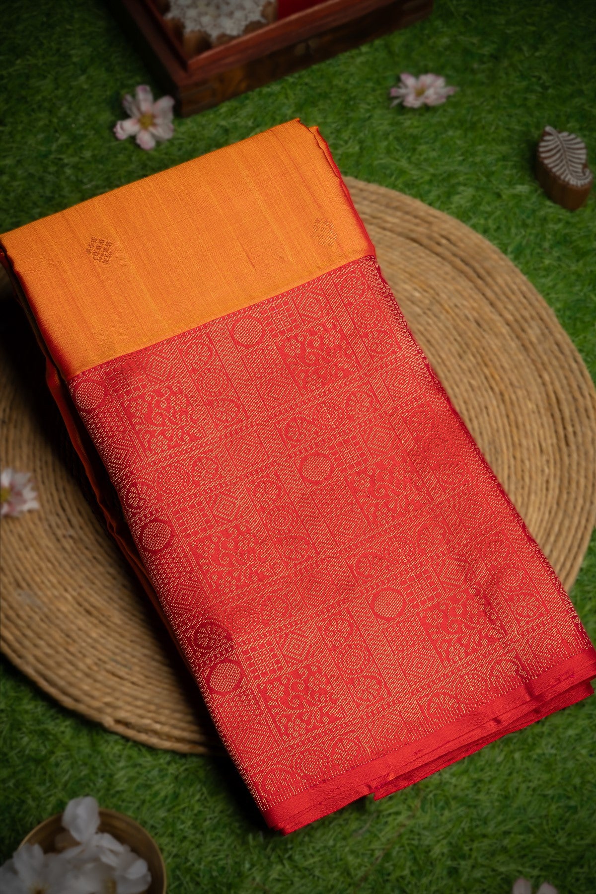 Varamahalakshmi Tangy Orange & Red Coimbatore Buttis Saree