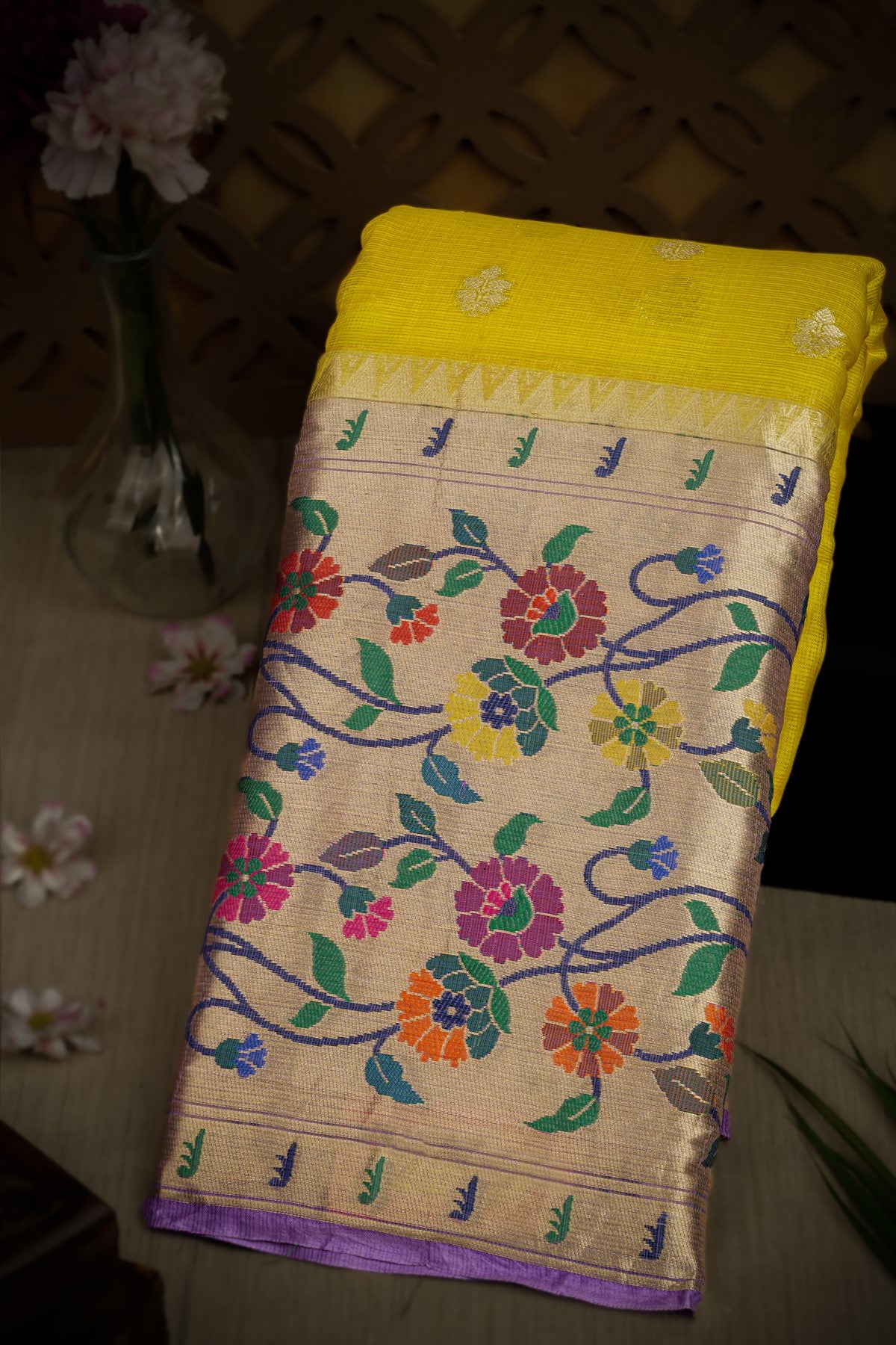 Varamahalakshmi Lime Yellow & Lavender Fancy Buttis Saree