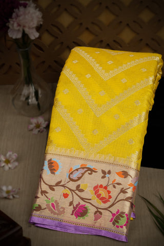 Varamahalakshmi Yellow & Lavender Fancy Lines Saree