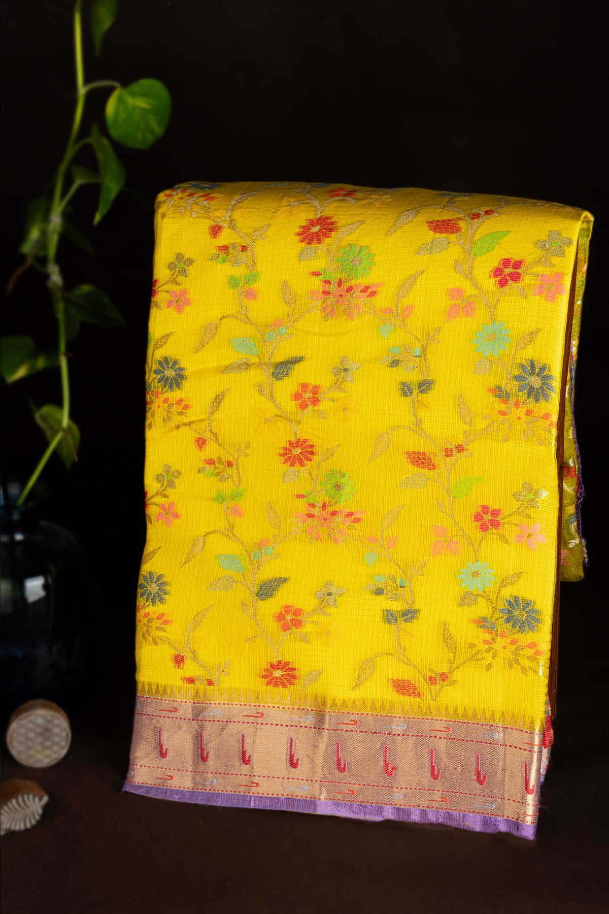 Mandir Lime Yellow & Lavender Fancy Floral Jaal Saree